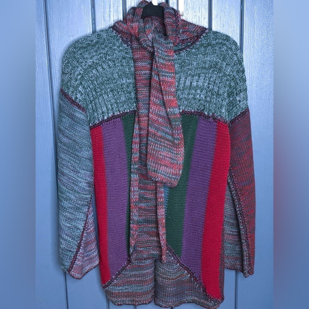 Vintage Babydoll Swing Patchwork Cardigan Sweater Medium w Built In Scarf Boho